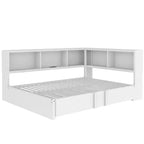 Divano letto matrimoniale con rotelle ed libreria, divano letto a L con porte USB, letto ad angolo matrimoniale in legno con testiera portaoggetti