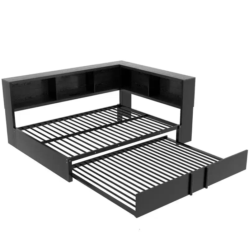 Divano letto matrimoniale con rotelle ed libreria, divano letto a L con porte USB, letto ad angolo matrimoniale in legno con testiera portaoggetti