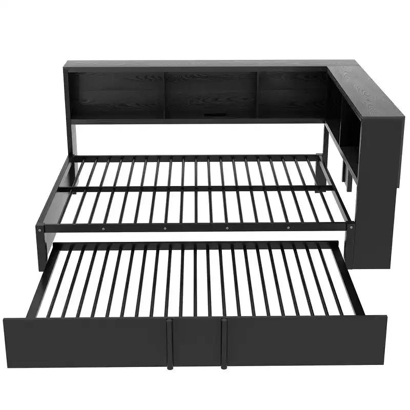 Divano letto matrimoniale con rotelle ed libreria, divano letto a L con porte USB, letto ad angolo matrimoniale in legno con testiera portaoggetti