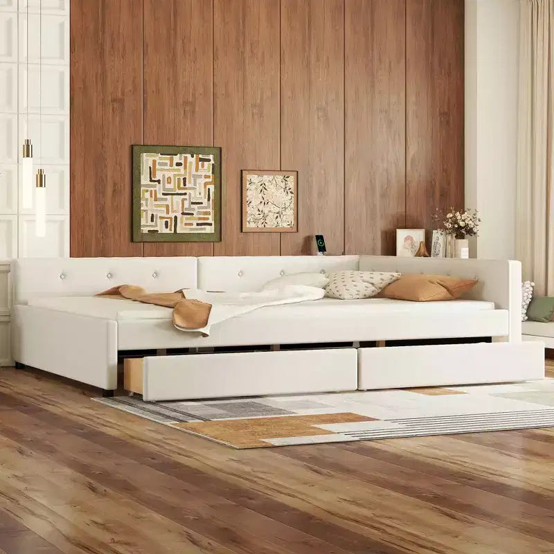 Divano letto imbottito con cassetti portaoggetti, telaio letto a divano angolare a L con ricarica USB per adolescenti e adulti, beige