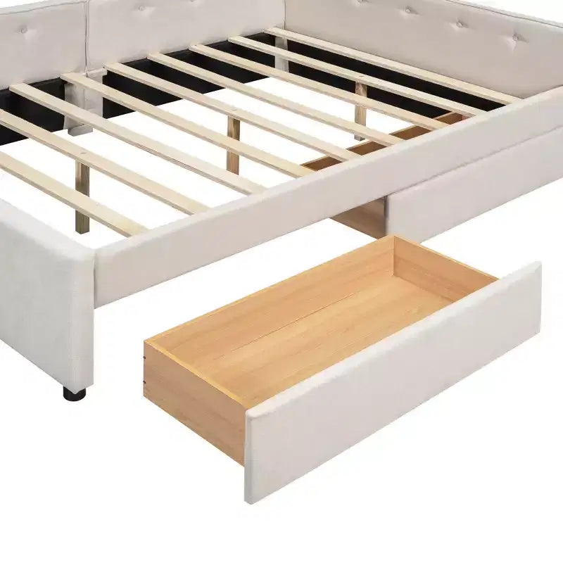 Divano letto imbottito con cassetti portaoggetti, telaio letto a divano angolare a L con ricarica USB per adolescenti e adulti, beige