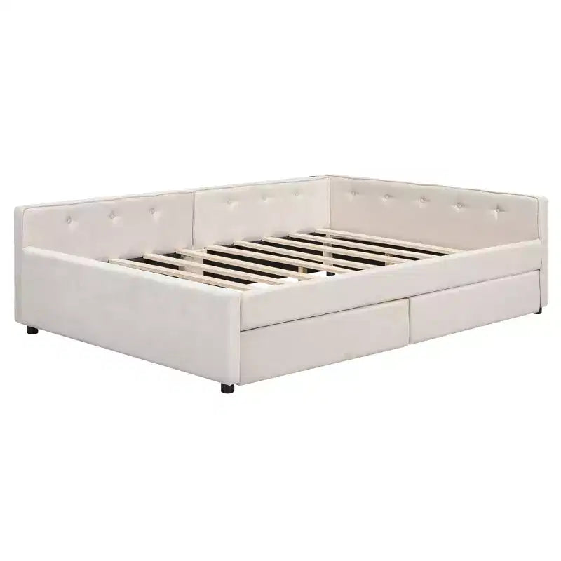 Divano letto imbottito con cassetti portaoggetti, telaio letto a divano angolare a L con ricarica USB per adolescenti e adulti, beige