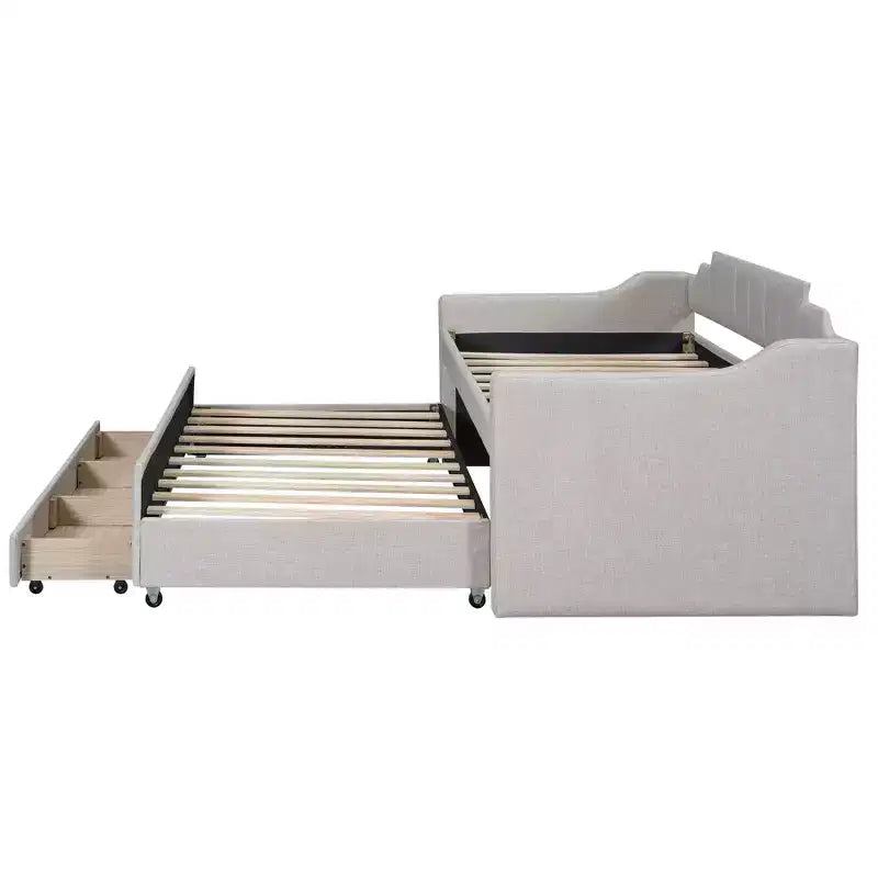 Daybed Imbottito a Una Piazza con Letto Estraibile e 3 Cassetti, Struttura Letto a Giorno in Legno con Contenitore per Camera da Letto