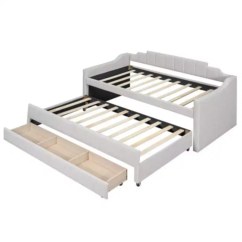 Daybed Imbottito a Una Piazza con Letto Estraibile e 3 Cassetti, Struttura Letto a Giorno in Legno con Contenitore per Camera da Letto