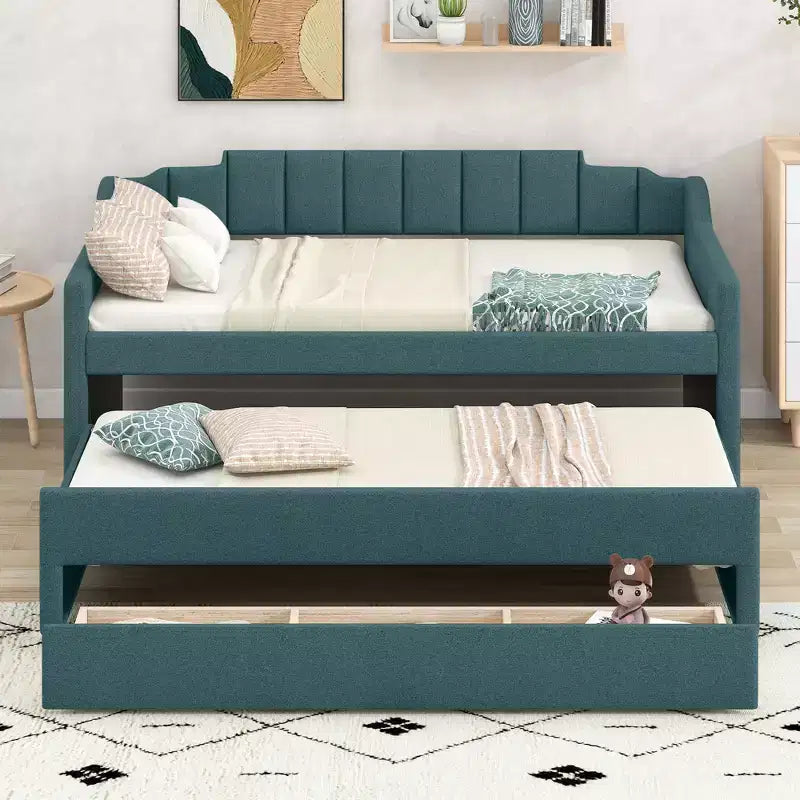 Daybed Imbottito a Una Piazza con Letto Estraibile e 3 Cassetti, Struttura Letto a Giorno in Legno con Contenitore per Camera da Letto