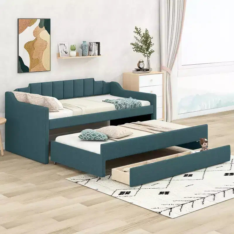 Daybed Imbottito a Una Piazza con Letto Estraibile e 3 Cassetti, Struttura Letto a Giorno in Legno con Contenitore per Camera da Letto