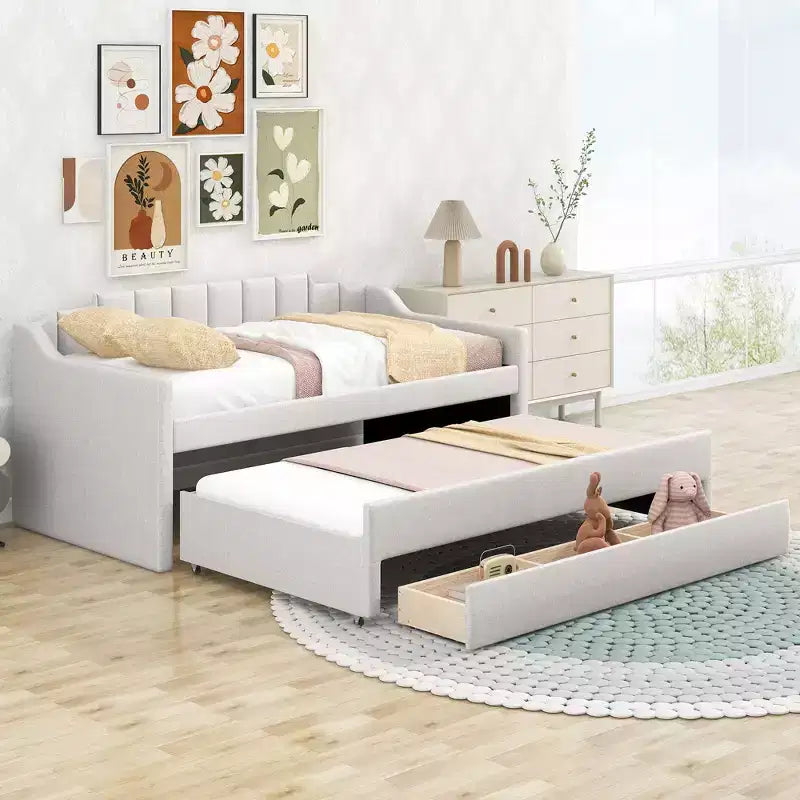 Daybed Imbottito a Una Piazza con Letto Estraibile e 3 Cassetti, Struttura Letto a Giorno in Legno con Contenitore per Camera da Letto