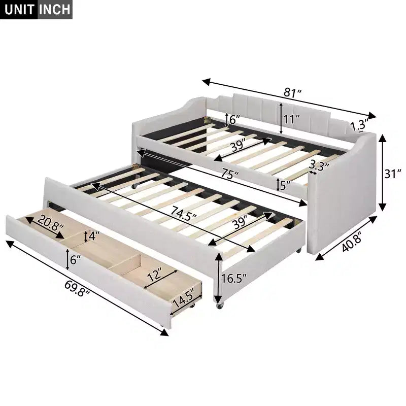 Daybed Imbottito a Una Piazza con Letto Estraibile e 3 Cassetti, Struttura Letto a Giorno in Legno con Contenitore per Camera da Letto