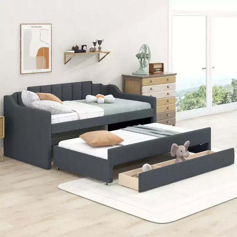 Daybed Imbottito a Una Piazza con Letto Estraibile e 3 Cassetti, Struttura Letto a Giorno in Legno con Contenitore per Camera da Letto