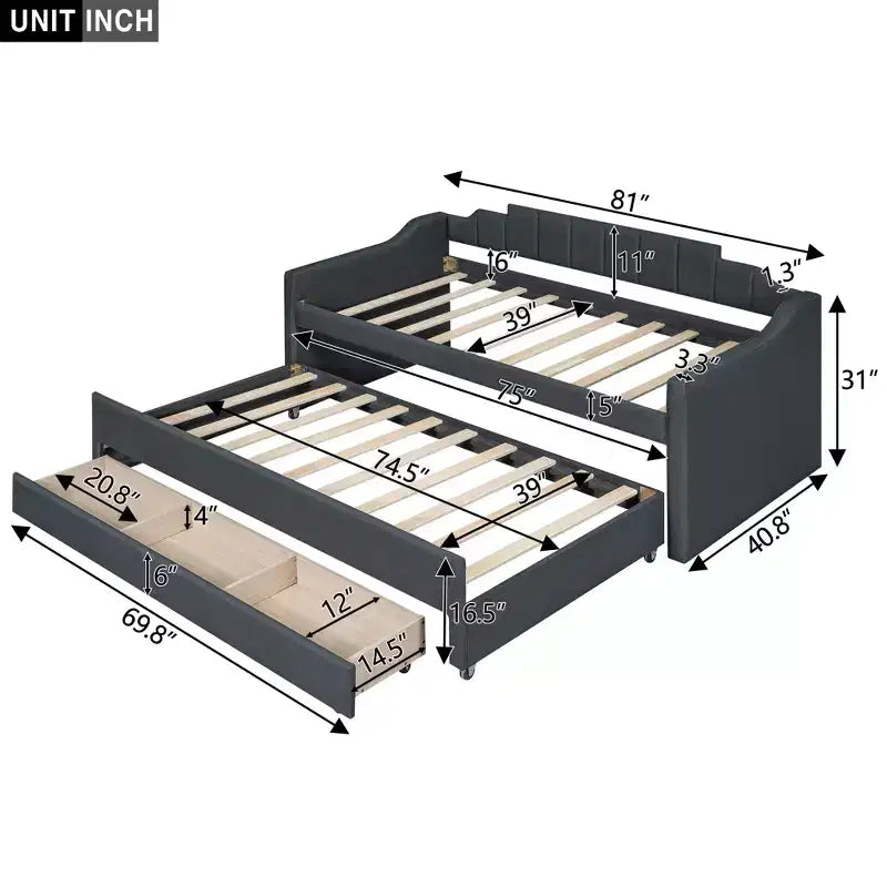 Daybed Imbottito a Una Piazza con Letto Estraibile e 3 Cassetti, Struttura Letto a Giorno in Legno con Contenitore per Camera da Letto