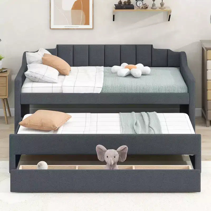 Daybed Imbottito a Una Piazza con Letto Estraibile e 3 Cassetti, Struttura Letto a Giorno in Legno con Contenitore per Camera da Letto
