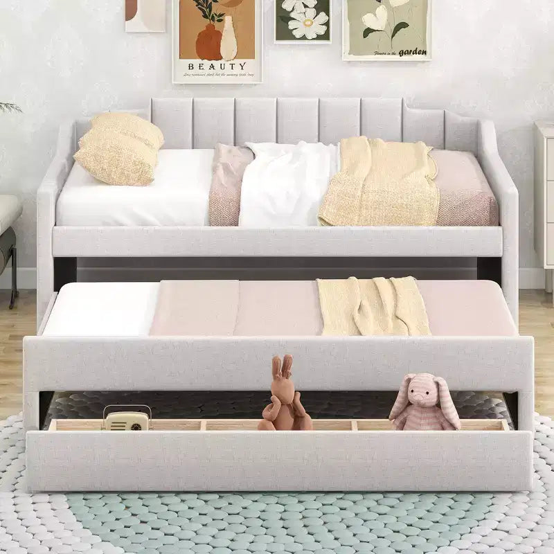 Daybed Imbottito a Una Piazza con Letto Estraibile e 3 Cassetti, Struttura Letto a Giorno in Legno con Contenitore per Camera da Letto
