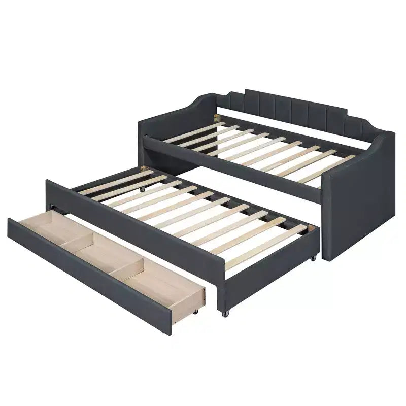 Daybed Imbottito a Una Piazza con Letto Estraibile e 3 Cassetti, Struttura Letto a Giorno in Legno con Contenitore per Camera da Letto