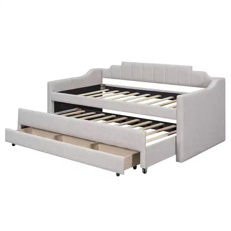 Daybed Imbottito a Una Piazza con Letto Estraibile e 3 Cassetti, Struttura Letto a Giorno in Legno con Contenitore per Camera da Letto