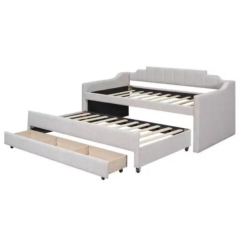 Daybed Imbottito a Una Piazza con Letto Estraibile e 3 Cassetti, Struttura Letto a Giorno in Legno con Contenitore per Camera da Letto