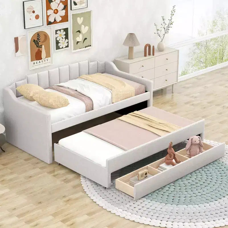 Twin Size Upholstered Daybed with Trundle and 3 Drawers, Wooden Captains Bed Daybed Frame with Storage for Bedroom