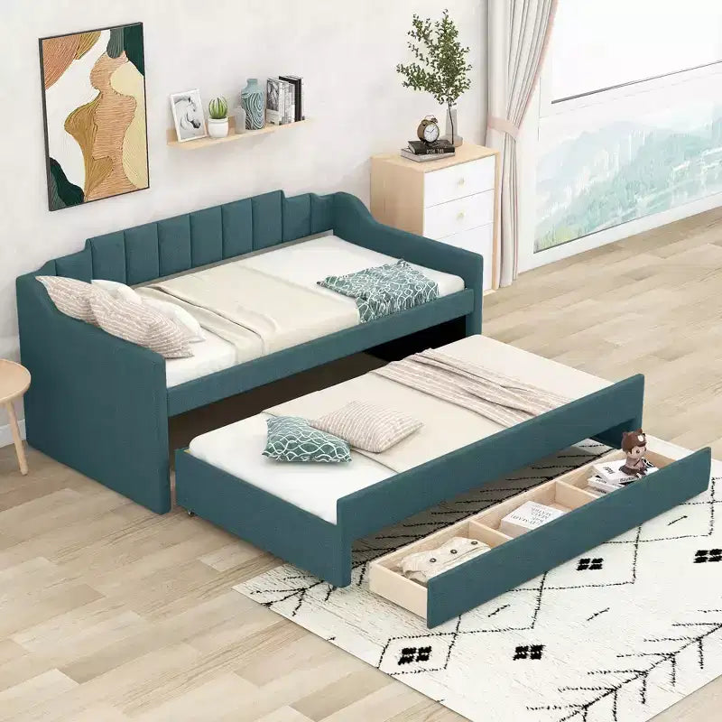 Daybed Imbottito a Una Piazza con Letto Estraibile e 3 Cassetti, Struttura Letto a Giorno in Legno con Contenitore per Camera da Letto