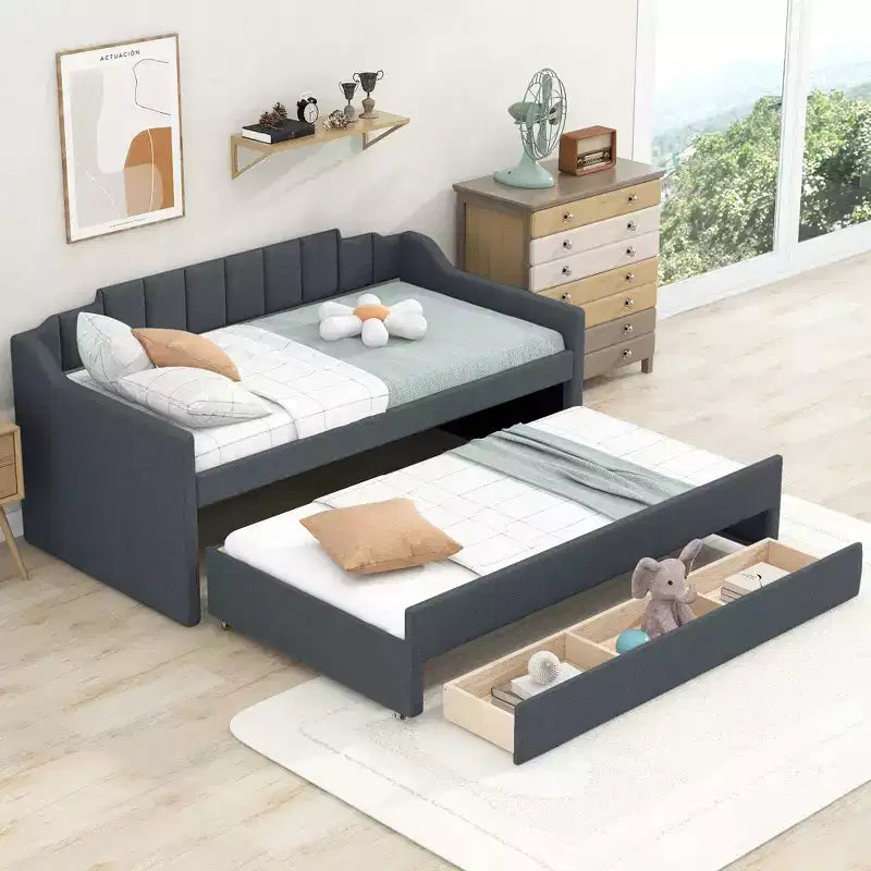 Daybed Imbottito a Una Piazza con Letto Estraibile e 3 Cassetti, Struttura Letto a Giorno in Legno con Contenitore per Camera da Letto