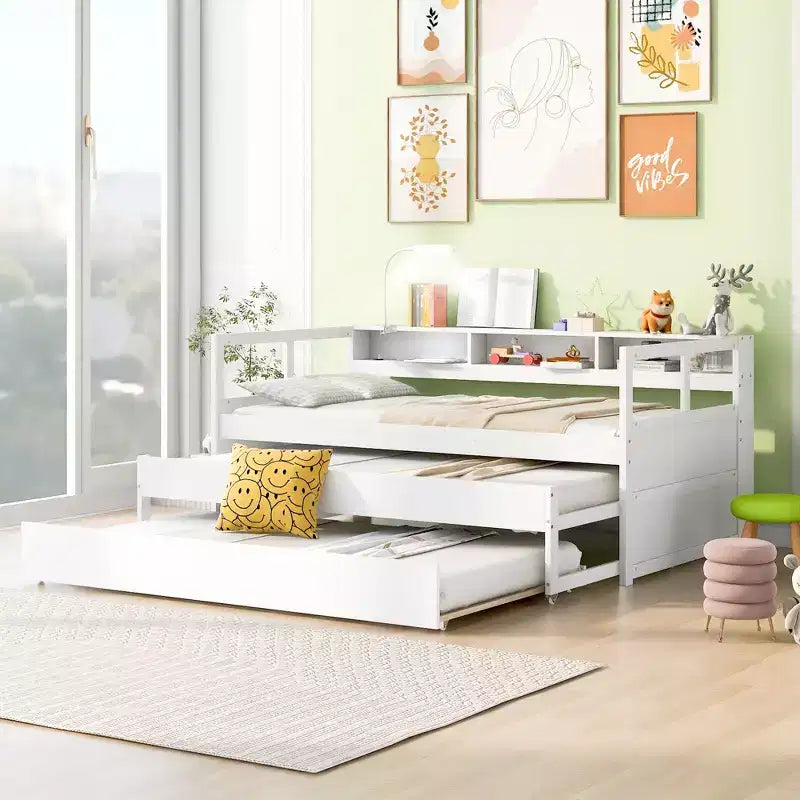 Divano Letto con Due Letti Estraibili e Scaffali, Struttura per Divano Letto in Legno con Design di Ricarica USB e 1 Luce Gratis,