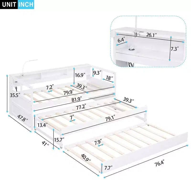 Divano Letto con Due Letti Estraibili e Scaffali, Struttura per Divano Letto in Legno con Design di Ricarica USB e 1 Luce Gratis,