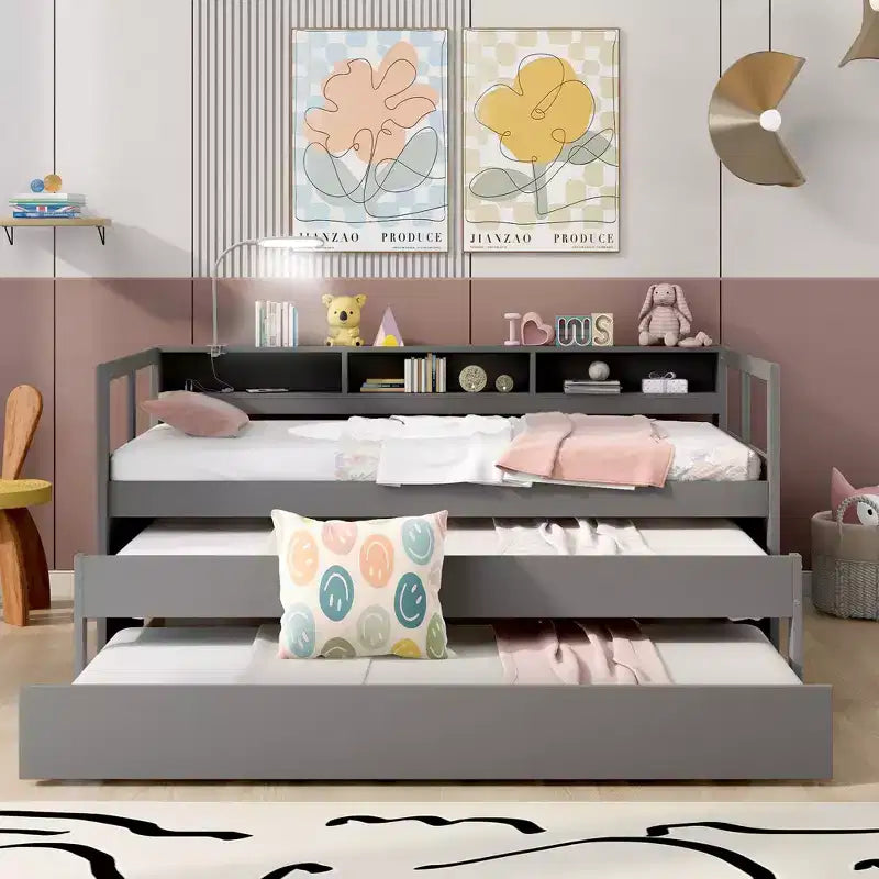Divano Letto con Due Letti Estraibili e Scaffali, Struttura per Divano Letto in Legno con Design di Ricarica USB e 1 Luce Gratis,