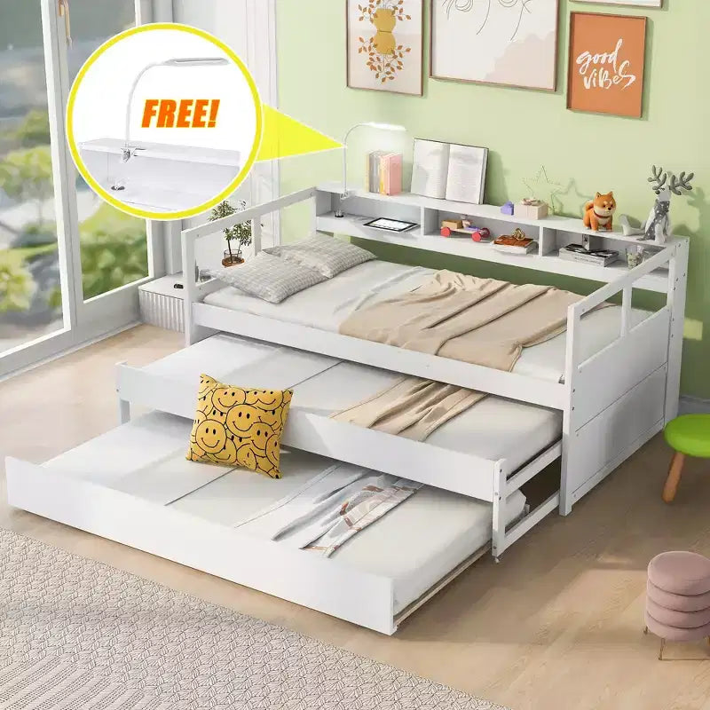 Divano Letto con Due Letti Estraibili e Scaffali, Struttura per Divano Letto in Legno con Design di Ricarica USB e 1 Luce Gratis,