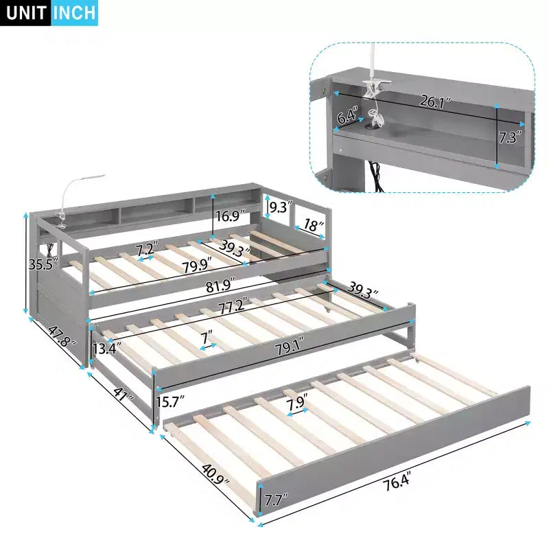 Divano Letto con Due Letti Estraibili e Scaffali, Struttura per Divano Letto in Legno con Design di Ricarica USB e 1 Luce Gratis,