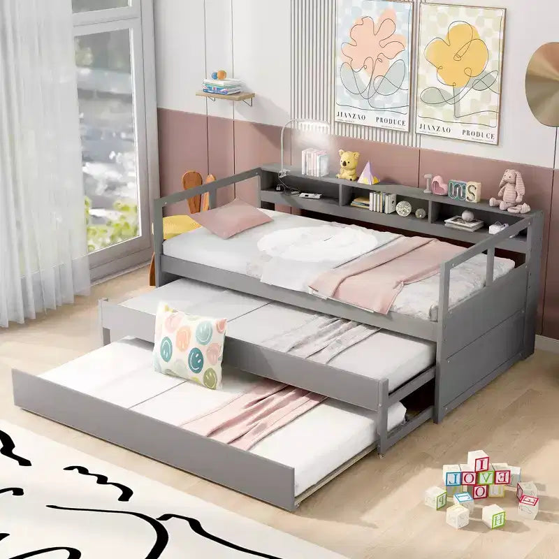 Divano Letto con Due Letti Estraibili e Scaffali, Struttura per Divano Letto in Legno con Design di Ricarica USB e 1 Luce Gratis,