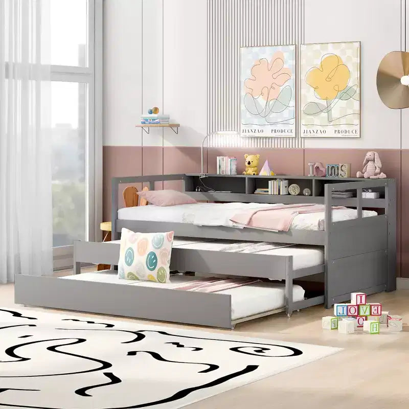 Divano Letto con Due Letti Estraibili e Scaffali, Struttura per Divano Letto in Legno con Design di Ricarica USB e 1 Luce Gratis,