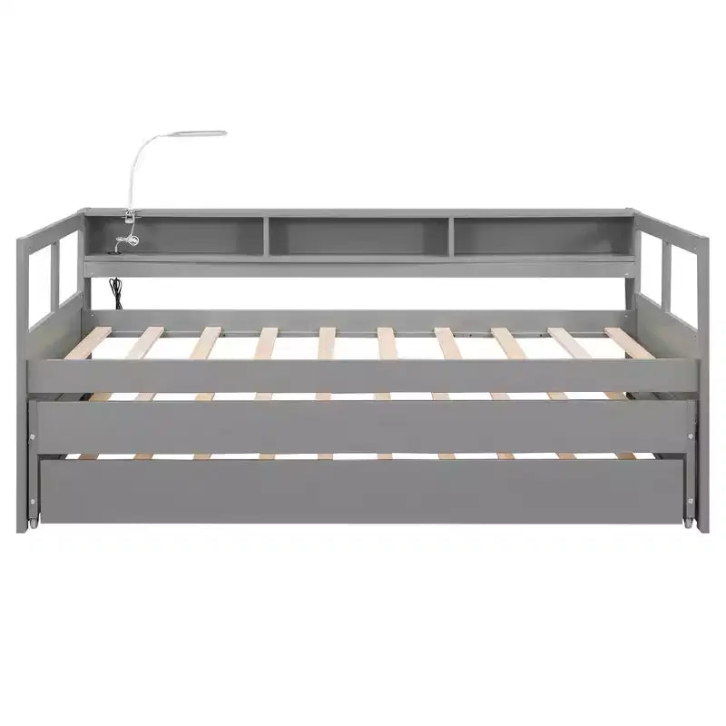 Divano Letto con Due Letti Estraibili e Scaffali, Struttura per Divano Letto in Legno con Design di Ricarica USB e 1 Luce Gratis,