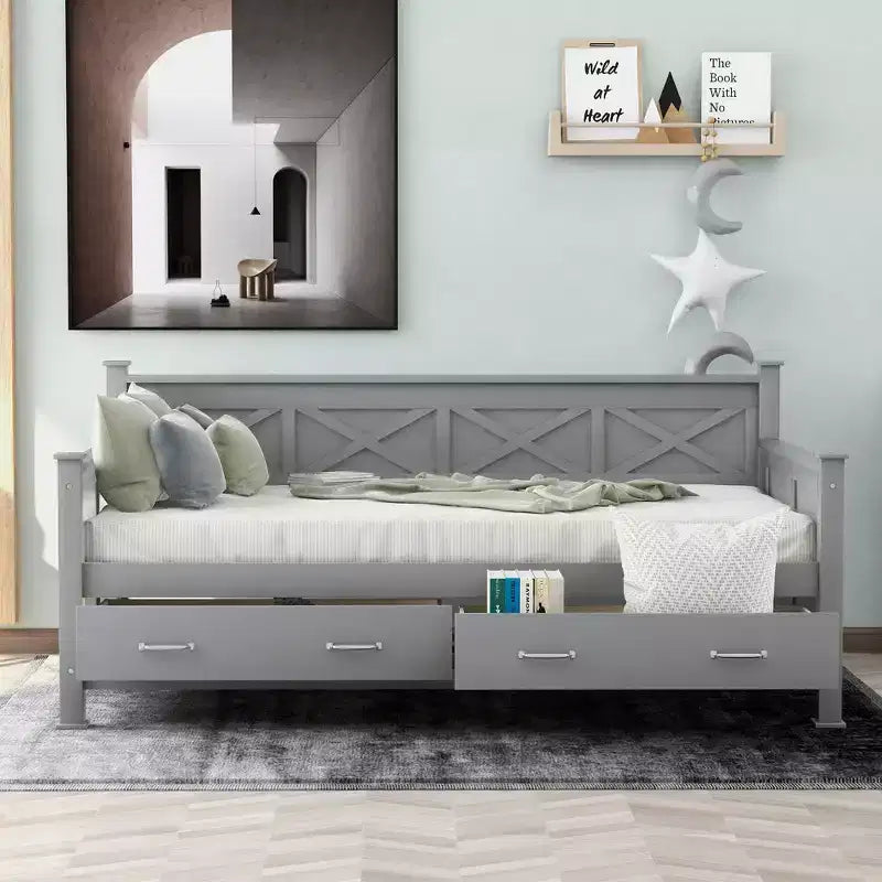 Divano Letto Singolo in Legno con 2 Cassetti Contenitore, Telaio Moderno e Rustico Casual per Camera da Letto, Soggiorno, Camera degli Ospiti