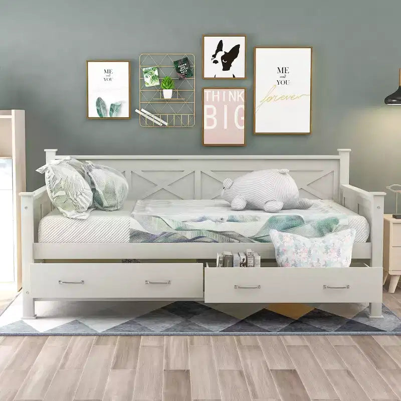 Divano Letto Singolo in Legno con 2 Cassetti Contenitore, Telaio Moderno e Rustico Casual per Camera da Letto, Soggiorno, Camera degli Ospiti