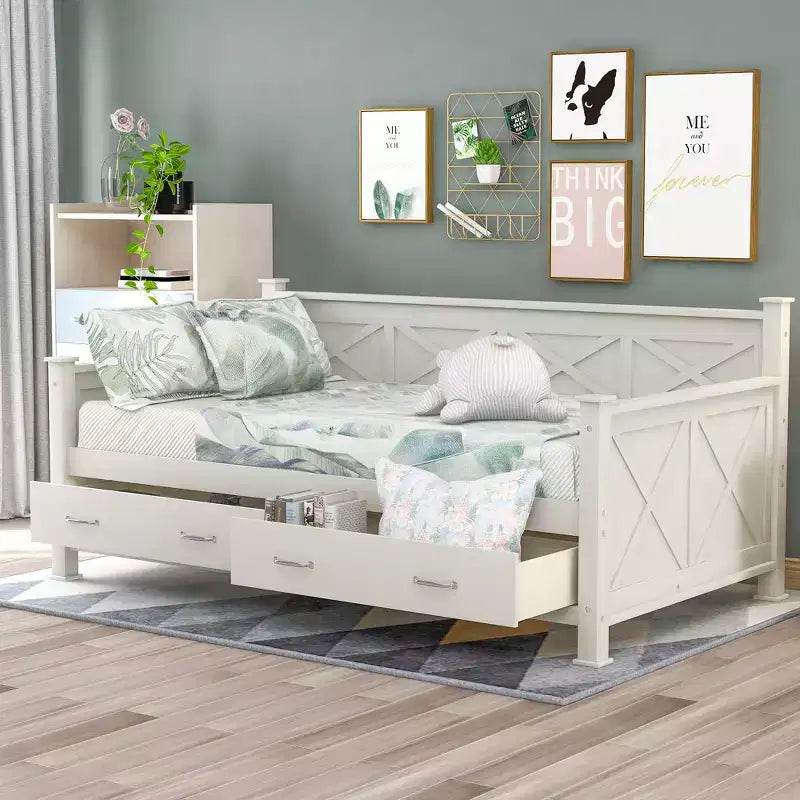 Wooden Twin Daybed with 2 Storage Drawers, Modern and Rustic Casual Style Daybed Frame for Bedroom Living Room Guest Room