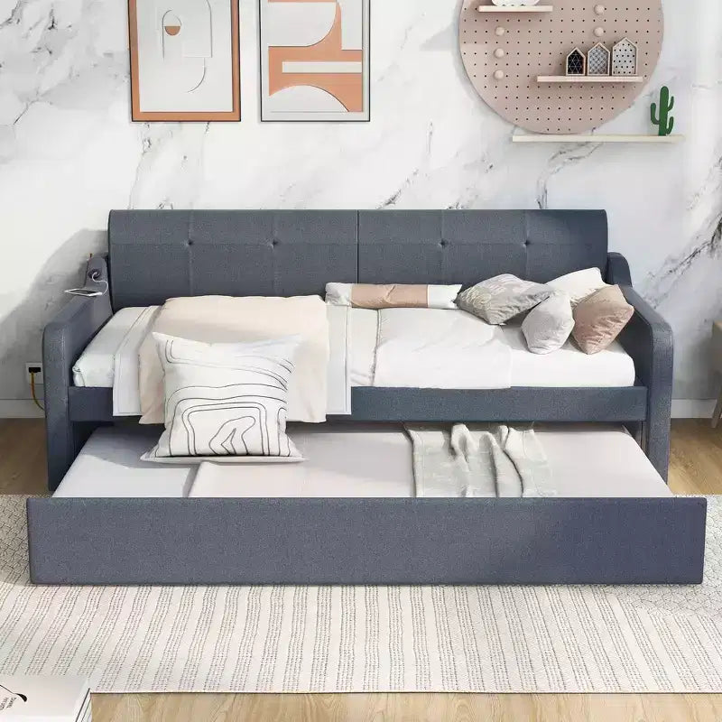Divano letto singolo imbottito con letto estraibile e ricarica USB, il letto estraibile può essere piatto o eretto