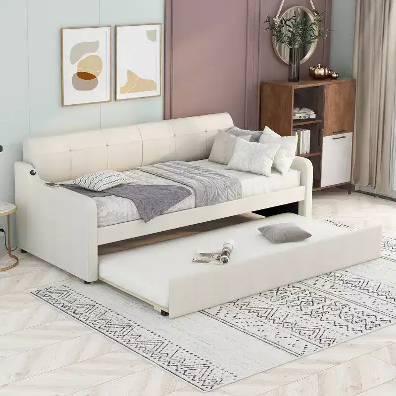 Divano letto singolo imbottito con letto estraibile e ricarica USB, il letto estraibile può essere piatto o eretto