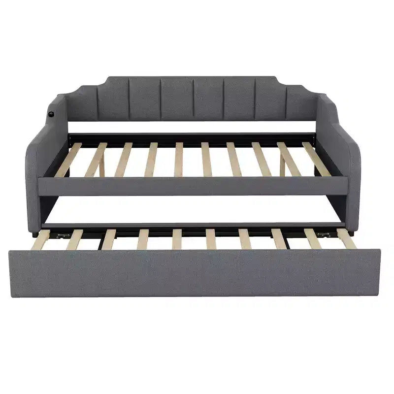 Divano Letto Tappezzato a Grandezza Naturale con Letto Estraibile e Design di Ricarica USB, Letto Estraibile Piatto o Verticale, Grigio