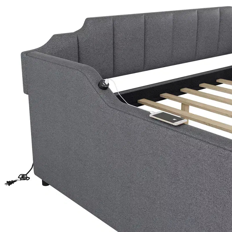 Divano Letto Tappezzato a Grandezza Naturale con Letto Estraibile e Design di Ricarica USB, Letto Estraibile Piatto o Verticale, Grigio