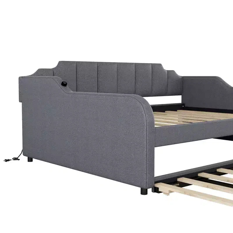 Divano Letto Tappezzato a Grandezza Naturale con Letto Estraibile e Design di Ricarica USB, Letto Estraibile Piatto o Verticale, Grigio