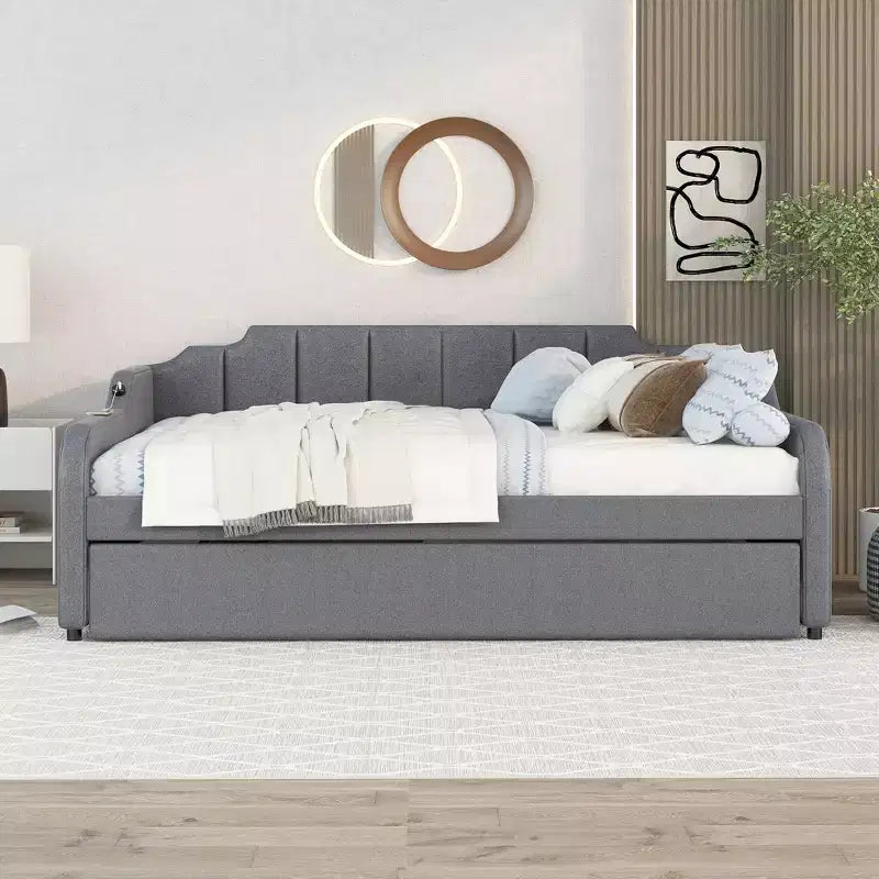 Divano Letto Tappezzato a Grandezza Naturale con Letto Estraibile e Design di Ricarica USB, Letto Estraibile Piatto o Verticale, Grigio