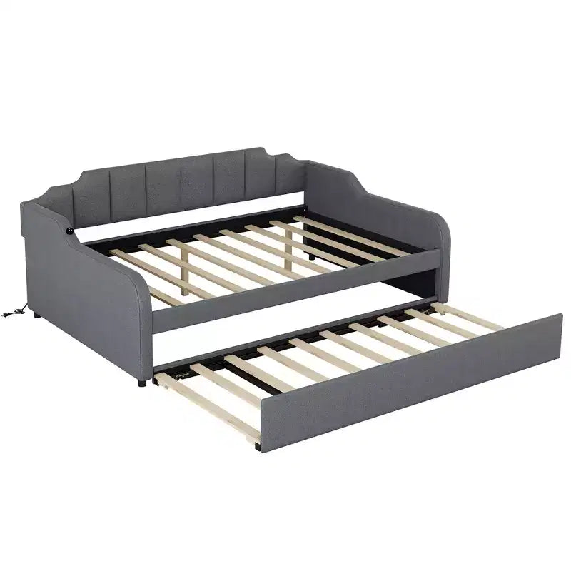 Divano Letto Tappezzato a Grandezza Naturale con Letto Estraibile e Design di Ricarica USB, Letto Estraibile Piatto o Verticale, Grigio