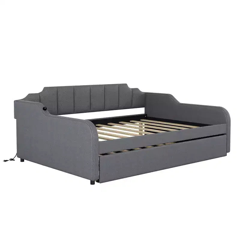 Divano Letto Tappezzato a Grandezza Naturale con Letto Estraibile e Design di Ricarica USB, Letto Estraibile Piatto o Verticale, Grigio