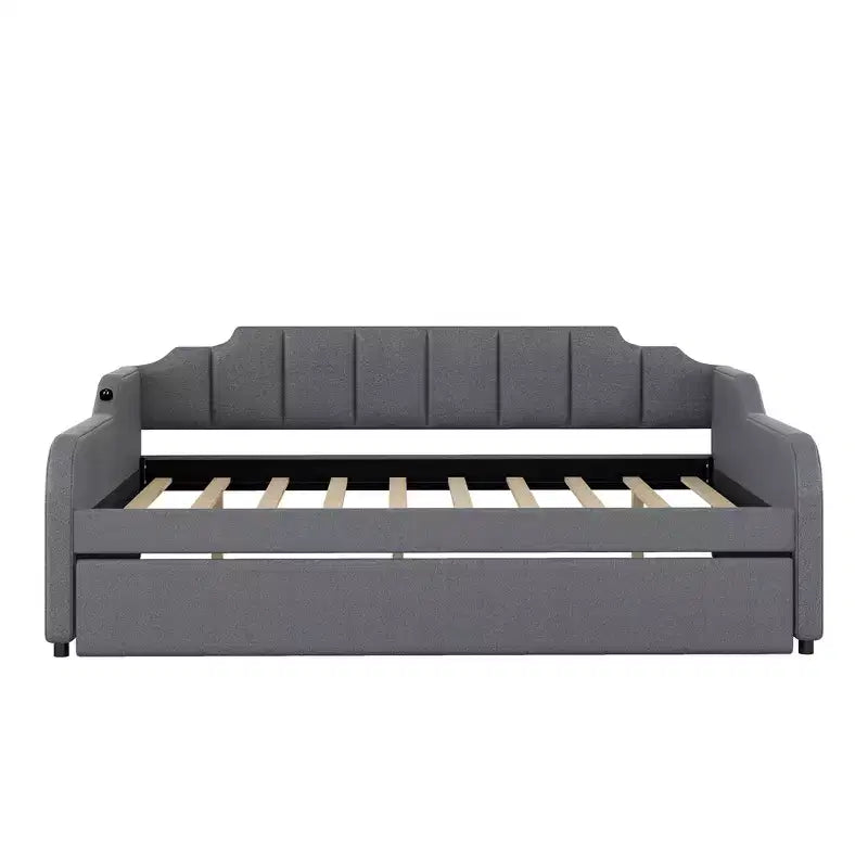 Divano Letto Tappezzato a Grandezza Naturale con Letto Estraibile e Design di Ricarica USB, Letto Estraibile Piatto o Verticale, Grigio