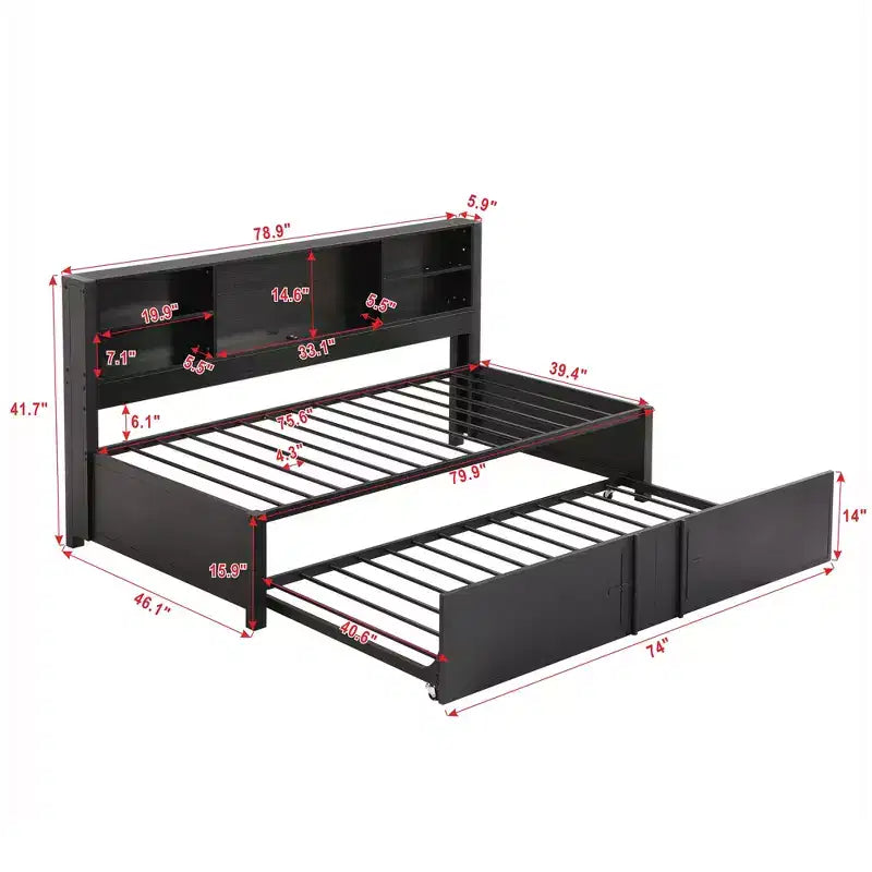Letto a giorno in metallo singolo con testiera libreria, letto a giorno con letto estraibile e porte USB, letto a giorno Captain's con ripiani portaoggetti