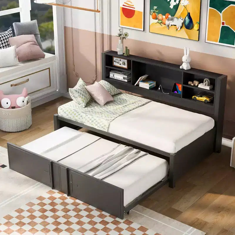 Letto a giorno in metallo singolo con testiera libreria, letto a giorno con letto estraibile e porte USB, letto a giorno Captain's con ripiani portaoggetti
