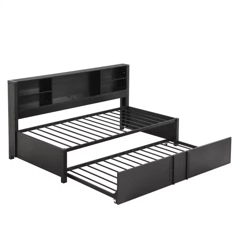 Letto a giorno in metallo singolo con testiera libreria, letto a giorno con letto estraibile e porte USB, letto a giorno Captain's con ripiani portaoggetti