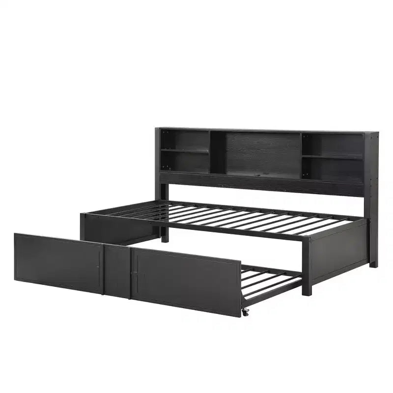 Letto a giorno in metallo singolo con testiera libreria, letto a giorno con letto estraibile e porte USB, letto a giorno Captain's con ripiani portaoggetti