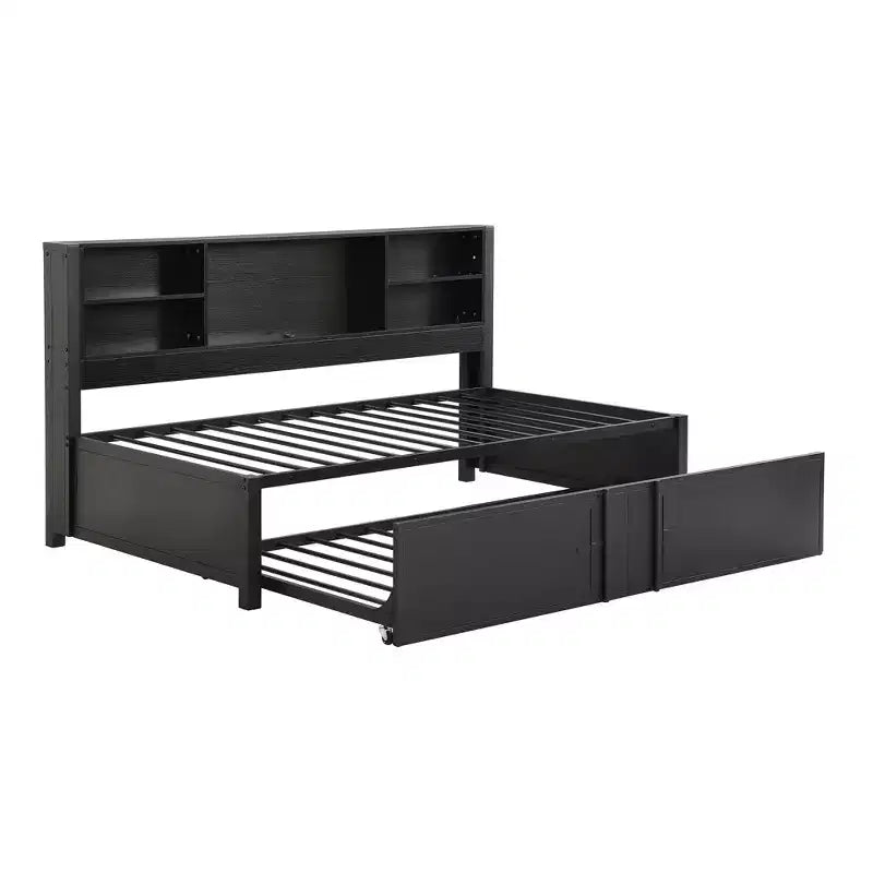 Letto a giorno in metallo singolo con testiera libreria, letto a giorno con letto estraibile e porte USB, letto a giorno Captain's con ripiani portaoggetti