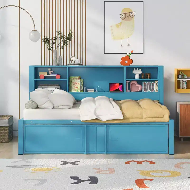 Letto a giorno in metallo singolo con testiera libreria, letto a giorno con letto estraibile e porte USB, letto a giorno Captain's con ripiani portaoggetti