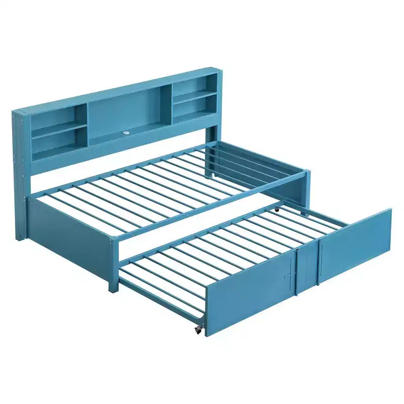 Letto a giorno in metallo singolo con testiera libreria, letto a giorno con letto estraibile e porte USB, letto a giorno Captain's con ripiani portaoggetti