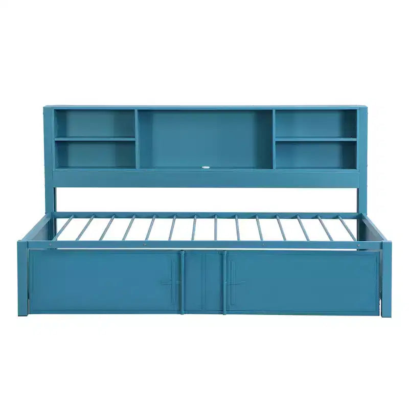 Letto a giorno in metallo singolo con testiera libreria, letto a giorno con letto estraibile e porte USB, letto a giorno Captain's con ripiani portaoggetti